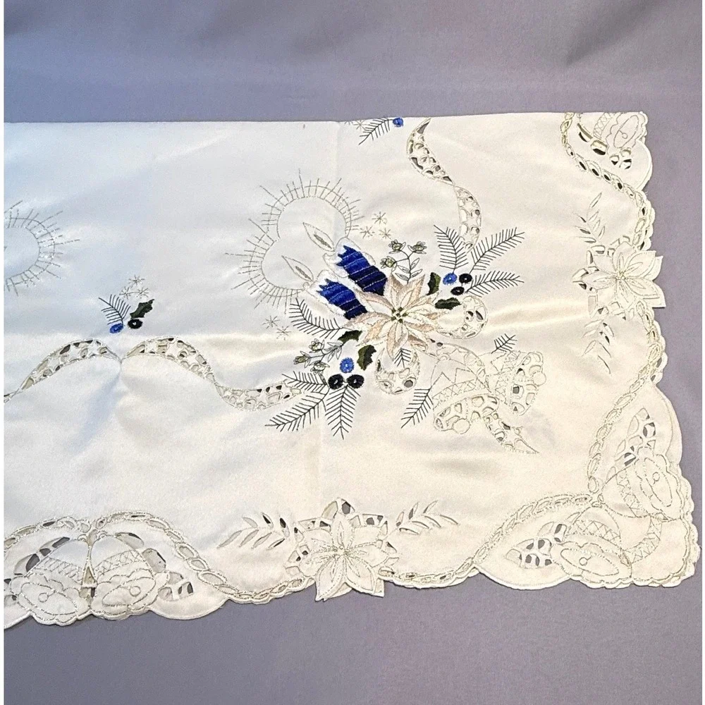 Vintage Embroidered Square Christmas Satin‎ Table Topper White & Blue Cottage